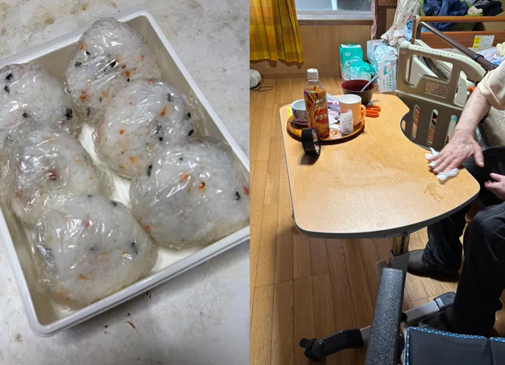 冷凍保存するおにぎりと作業風景